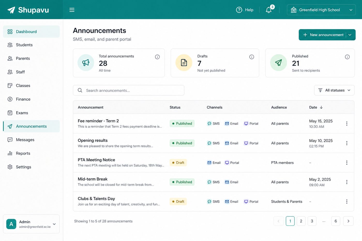 Announcements and SMS campaigns